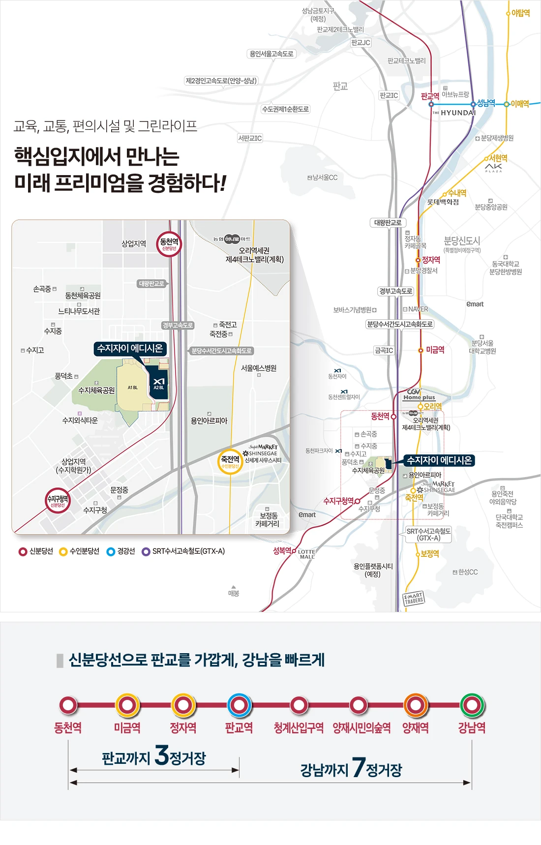 수지자이 에디시온 사업지와 동천역·죽전역 및 주변 생활시설을 표시한 공식 입지지도