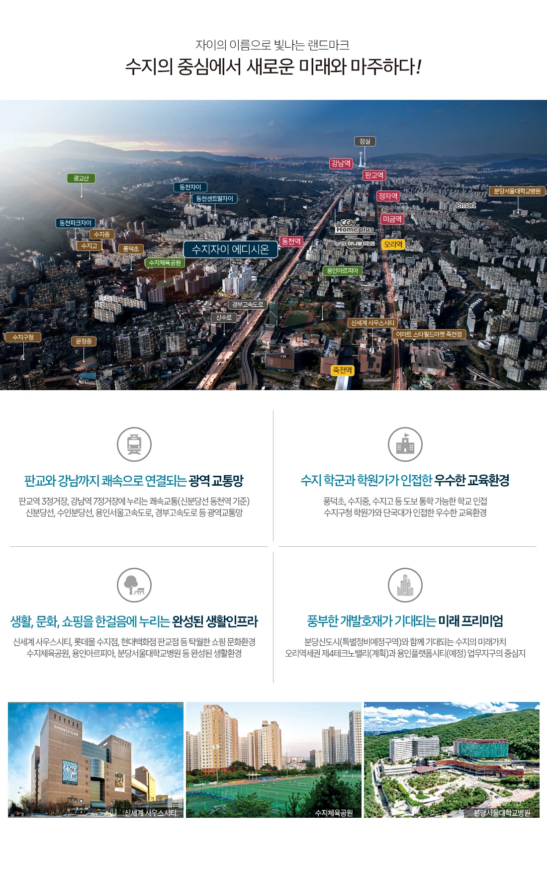 주변 교통·학교·공원·생활시설과 개발계획을 설명하는 수지자이 에디시온 공식 프리미엄 자료